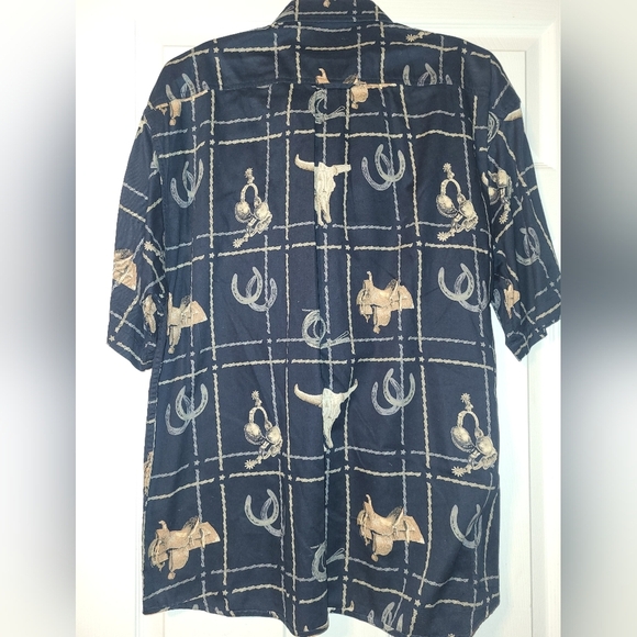 Bit & Bridle Men's Short Sleeve Button Down Shirt Size Large Black Tan Horseshoe - Picture 2 of 7